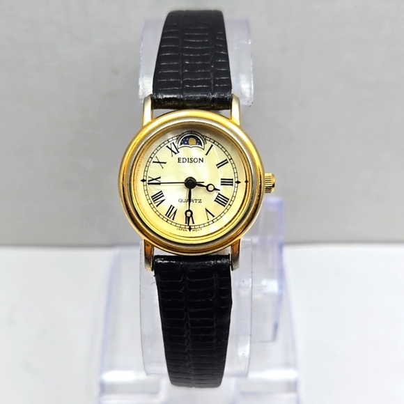 Womens Vintage Edison Moon Phase MOP 24mm Quartz Watch Gold Black New Battery - Picture 1 of 11